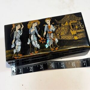 vintage Japanese black lacquer jewelry box intricate mother-of-pearl